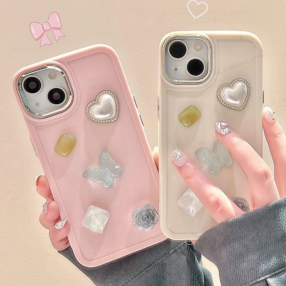 3D Heart Pearl Butterfly Phone Case for iPhone 7 8 Plus 11 12 13 14 Pro Max 11Pro X XR XS MAX SE 2020 2022 Case Matte Liquid Silicone Bling Cute Protector Shockproof Back Cover